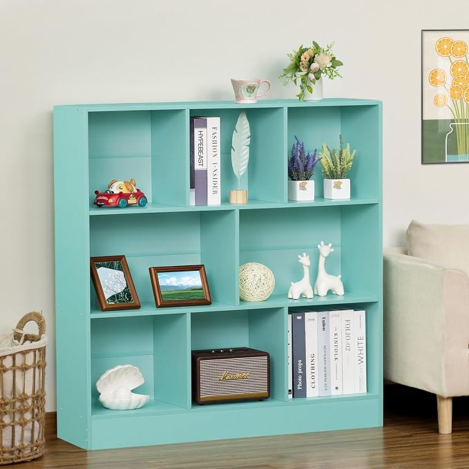 LEYAOYAO 8 Cube Bookshelf with Base,3 Tier Modern Mint-Green Kids Bookcase,Standing Wide Bookshelves Storage Organizer Toy Shelf,Wood Display Children's Book Shelves for Bedroom,Living Room,Nursery - LeafyLoom