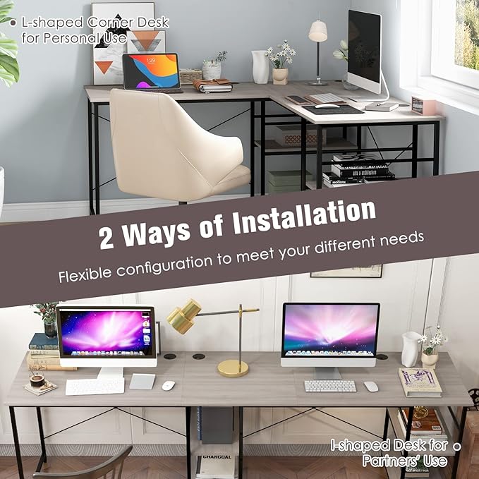 L-Shaped Home Office Desk, Corner Computer Desk w/Monitor Stand, Reversible PC Desk w/Heavy-Duty Metal Frame, Long Office Desk for 2 Person, Space-Saving Design (Grey) - LeafyLoom