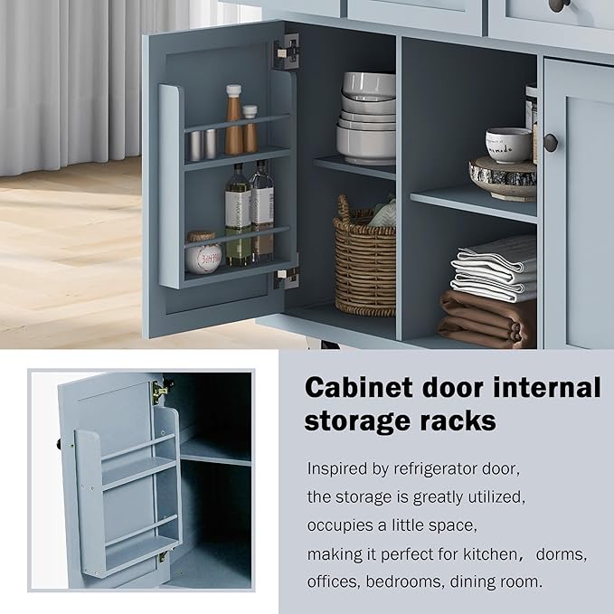 Kitchen Island with Drop-Leaf Countertop, Kitchen-Cart on Five Universal Wheels w/Open Shelves, Storage Cabinet and Three Drawers, Large Rubberwood Top Breakfast Bar for Dining Room - LeafyLoom
