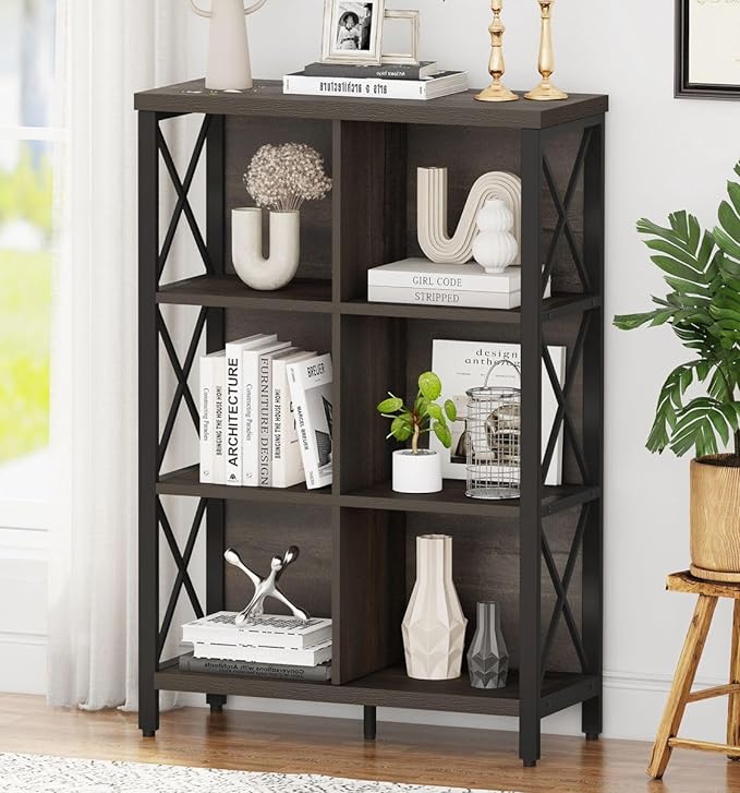 FATORRI 6 Cube Storage Organizer Shelf, Rustic Wood and Metal Cubby Bookcase, Industrial 4 Tier Cube Bookshelf (Walnut Brown) - LeafyLoom