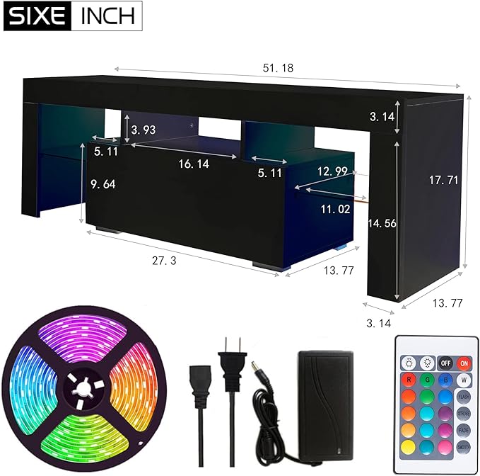 HOUAGI LED TV Stand for Televisions up to 55 Inchs,Modern Entertainment Center with Storage Drawer and Glass shelf, TV Console Table for Living room,Bedroom,Black - LeafyLoom