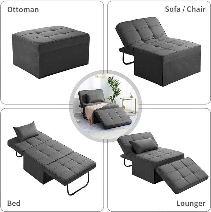 Sofa Bed, 4 in 1 Multi-Function Folding Ottoman Breathable Linen Couch Bed with Adjustable Backrest Modern Convertible Chair for Living Room Apartment Office, Dark Grey - LeafyLoom