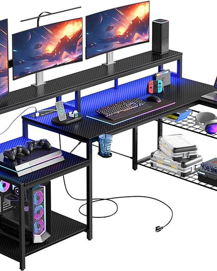 Bestier Gaming Desk with Power Outlet, 71.5 inch LED Computer Desk with Monitor Stand, L Shaped Large Desk with Metal Shelf, Cup Holder & Headset Hooks, Corner Desk for Bedroom 3D Carbon Fiber - LeafyLoom