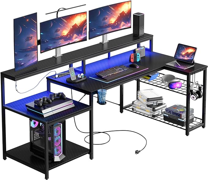 Bestier Gaming Desk with Power Outlet, 71.5 inch LED Computer Desk with Monitor Stand, L Shaped Large Desk with Metal Shelf, Cup Holder & Headset Hooks, Corner Desk for Bedroom 3D Carbon Fiber - LeafyLoom