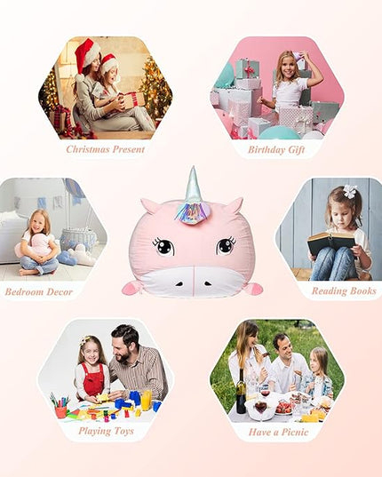 Girls Unicorn Bean Bag Chair Pink, Stuffed Animal Storage Organizer for Kids Room Decor, Extra Large Size, Velvet Super Soft Cover Only - LeafyLoom