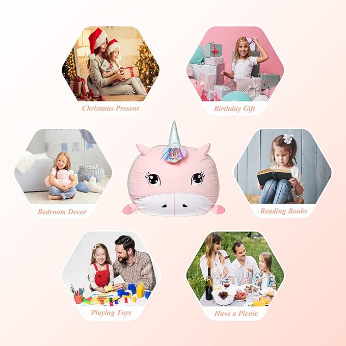 Girls Unicorn Bean Bag Chair Pink, Stuffed Animal Storage Organizer for Kids Room Decor, Extra Large Size, Velvet Super Soft Cover Only - LeafyLoom