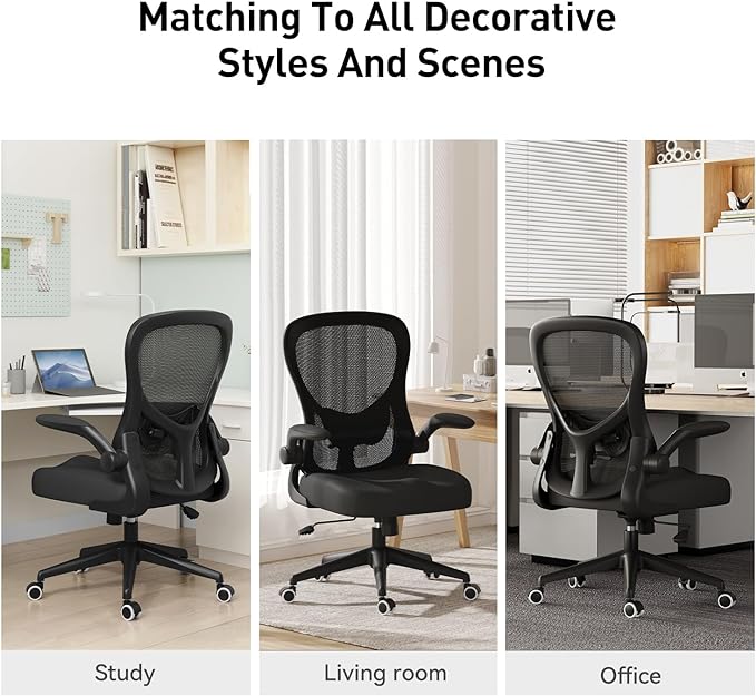 Hbada Office Chair Ergonomic Desk Chair, Office Chairs with PU Silent Wheels, Breathable Mesh Computer Chair with Adjustable Lumbar Support, Flip-up Armrests, Tilt Function, Black - LeafyLoom