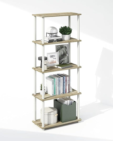 Furinno Turn-N-Tube 5-Tier Multipurpose Compact Display Rack, Shelving Unit, Bookcase, Sonoma Oak/White - LeafyLoom