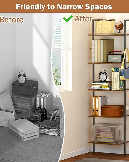 5 Tier Ladder Shelf with 2 Hooks, Modern Metal Wood Bookcase Shelf, Wall Mounted Bookshelf, Standing Display Storage Organizer for Home, Office, Kitchen, Living Room, Bedroom - LeafyLoom