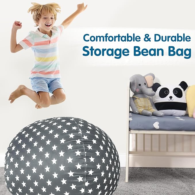 Lukeight Stuffed Animal Storage Bean Bag Chair Cover for Kids, Zipper Beanbag Chair Cover for Organizing Toddler & Kids' Rooms Plush Toys (Stars Gray Velvet, Large) - LeafyLoom