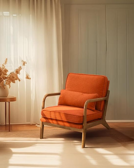 Bonnlo Linen Burnt Orange Mid Century Modern Accent Chair, Soild Wood Padding Lounge Armchairs Side Sitting Chairs for Living Room, Bedroom, Guest Room - LeafyLoom
