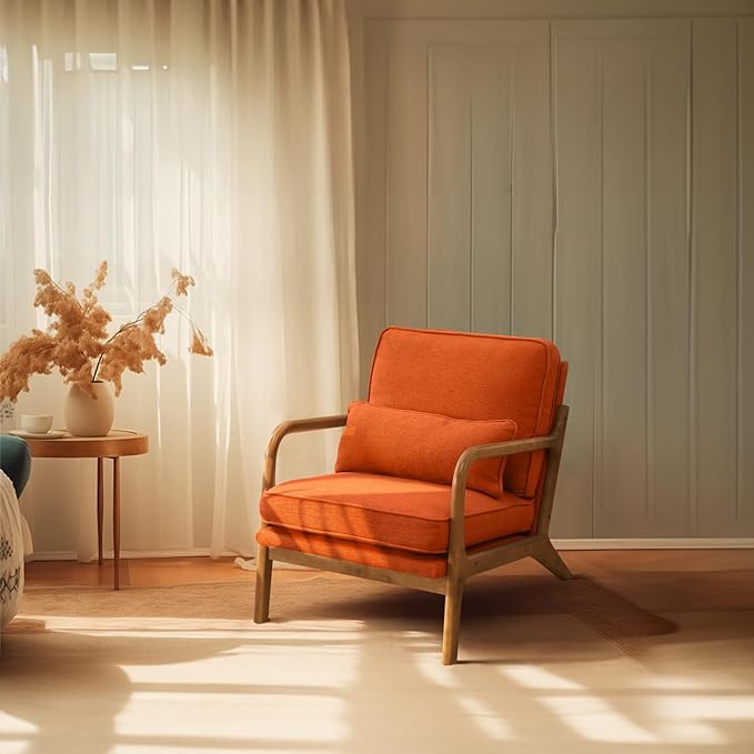 Bonnlo Linen Burnt Orange Mid Century Modern Accent Chair, Soild Wood Padding Lounge Armchairs Side Sitting Chairs for Living Room, Bedroom, Guest Room - LeafyLoom