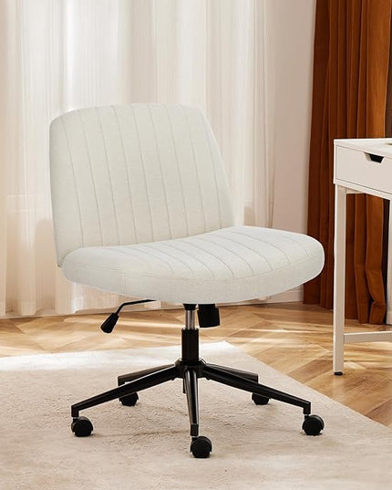 Sweetcrispy Criss Cross Chair Legged, Armless Office Desk Chair with Wheels, Swivel Vanity Chair, Height Adjustable Wide Seat Computer Task Chair, Fabric Vanity Modern Home Chair White - LeafyLoom