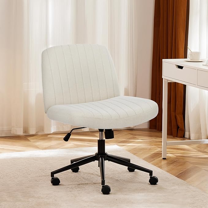 Sweetcrispy Criss Cross Chair Legged, Armless Office Desk Chair with Wheels, Swivel Vanity Chair, Height Adjustable Wide Seat Computer Task Chair, Fabric Vanity Modern Home Chair White - LeafyLoom