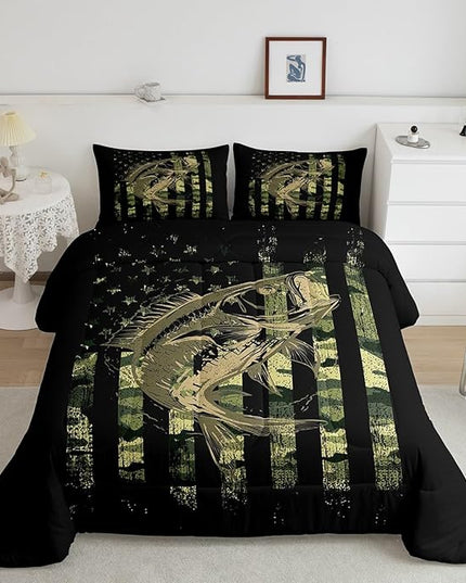 Green Black Camouflage Comforter Set Fish Camo American Flag Bedding Set for Women Men Room Farmhouse Fishing Decor Comforter Wild Quilted Set 3Pcs Queen Size - LeafyLoom