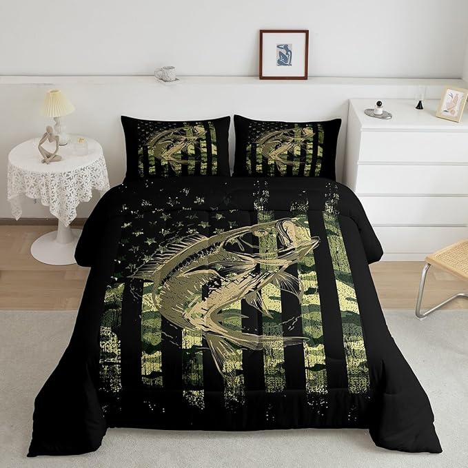 Green Black Camouflage Comforter Set Fish Camo American Flag Bedding Set for Women Men Room Farmhouse Fishing Decor Comforter Wild Quilted Set 3Pcs Queen Size - LeafyLoom