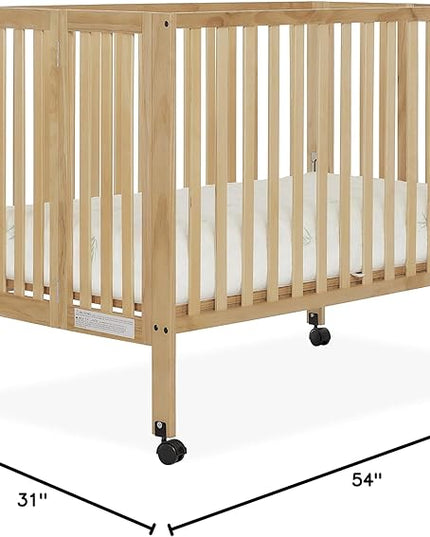 Quinn Full-Size Folding Crib in Natural, Removeable Wheels, Modern Nursey, Adjustable Mattress Support, Portable Crib, Patented Folding System - LeafyLoom