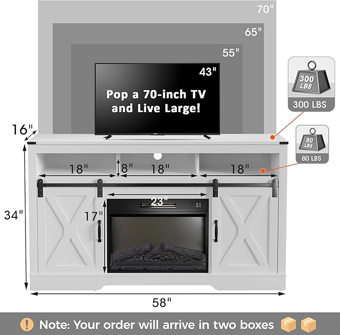 Farmhouse Fireplace TV Stand for 65+ Inch TV, Entertainment Center with 23" Electric Fireplace with Remote, Modern Rustic TV Console with Sliding Bar Door for Living Room, White - LeafyLoom