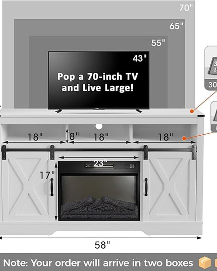 Farmhouse Fireplace TV Stand for 65+ Inch TV, Entertainment Center with 23" Electric Fireplace with Remote, Modern Rustic TV Console with Sliding Bar Door for Living Room, White - LeafyLoom