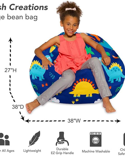 Posh Creations Bean Bag Chair for Kids, Teens, and Adults Includes Removable and Machine Washable Cover, Canvas Dinos on Blue, 38in - Large - LeafyLoom