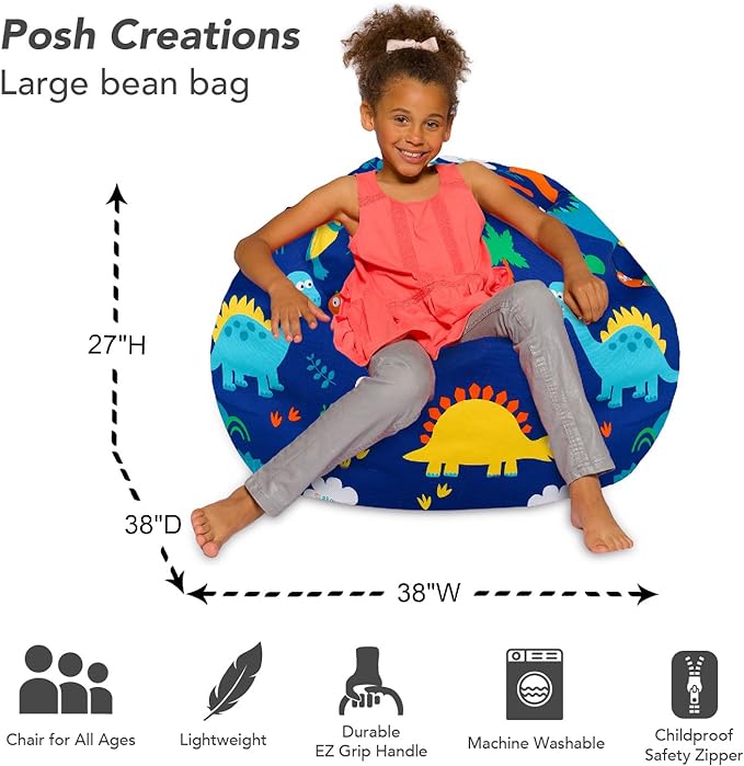 Posh Creations Bean Bag Chair for Kids, Teens, and Adults Includes Removable and Machine Washable Cover, Canvas Dinos on Blue, 38in - Large - LeafyLoom