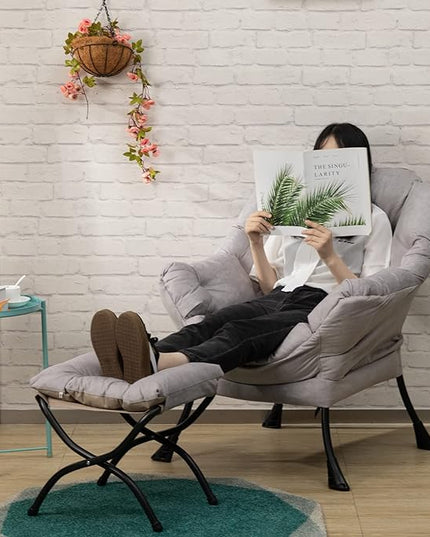 HollyHOME Fabric Lazy Chair with Foldable Ottoman, Accent Comfy Lounge Arm Chair and Folding Footrest Stool Set, Leisure Sofa Reading Chair and Footstool for Living Room, Bedroom, Dorm, Grey - LeafyLoom