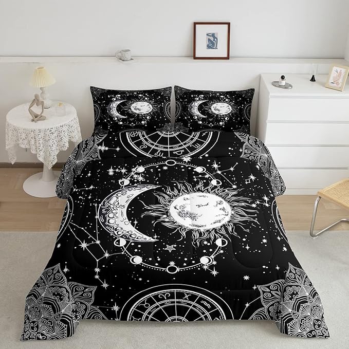 Sun and Moon Bedding Set Constellation Galaxy Comforter for Kids Boys Girls Teens Psychedelic Boho Mandala Comforter Breathable Celestial Duvet Set Black White Room Decor Quilt Cover Twin Size - LeafyLoom