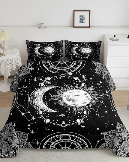 Sun and Moon Bedding Set Constellation Galaxy Comforter for Kids Boys Girls Teens Psychedelic Boho Mandala Comforter Breathable Celestial Duvet Set Black White Room Decor Quilt Cover Full Size - LeafyLoom