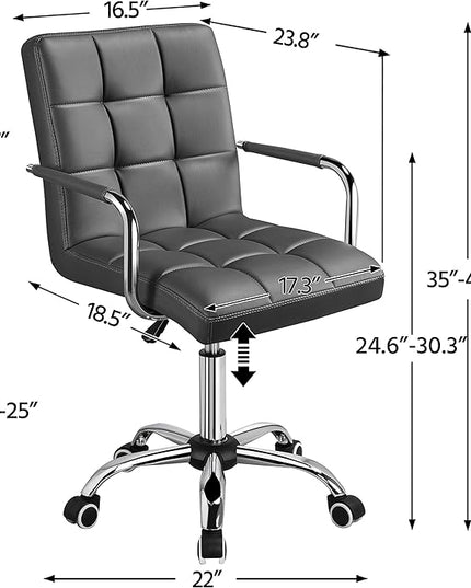 Yaheetech Mid Back Desk Chair, PU Leather Office Task Chair with Armrests/Large Seat, Adjustable Chair with Wheels, Grey - LeafyLoom
