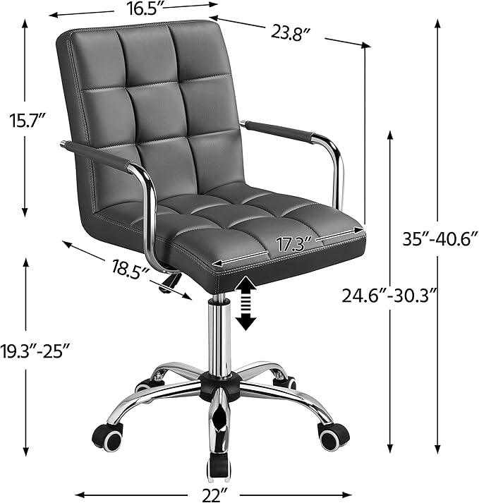 Yaheetech Mid Back Desk Chair, PU Leather Office Task Chair with Armrests/Large Seat, Adjustable Chair with Wheels, Grey - LeafyLoom