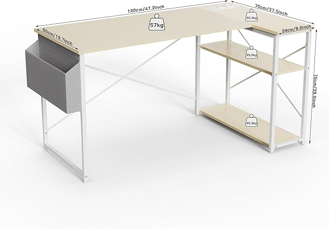 L Shaped Computer Desk with Power Outlets, 47 Inch Gaming Desk, Small Desk Corner Desk with Reversible Shelves, Study Desk Writing Desk for Home Office Bedroom, Work from Home, Beige - LeafyLoom