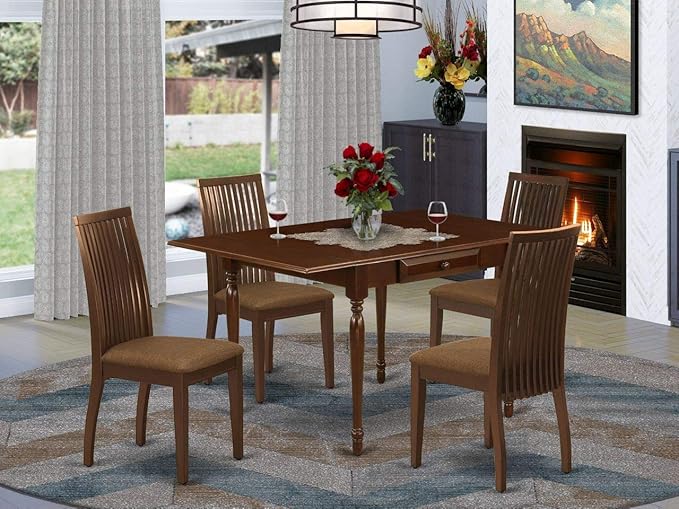 East West Furniture Monza 5 Piece Kitchen Set Includes a Rectangle Table with Dropleaf and 4 Linen Fabric Dining Room Chairs, 36x54 Inch, Mahogany - LeafyLoom