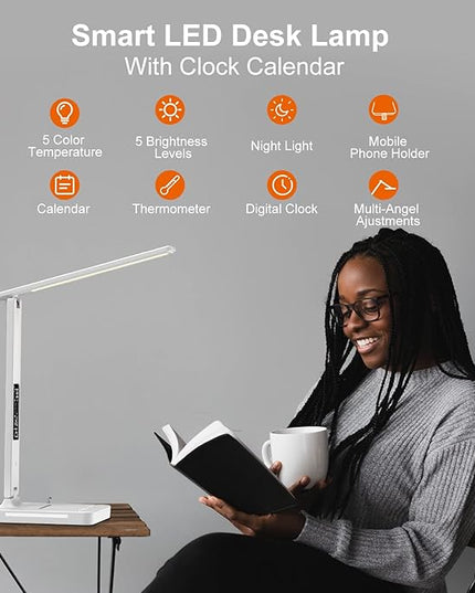 poukaran Desk Lamp, LED Desk Lamp with Wireless Charger, USB Charging Port, Table Lamp with Night Light, Desk Lights with Clock, Alarm, Date and Temperature, White - LeafyLoom