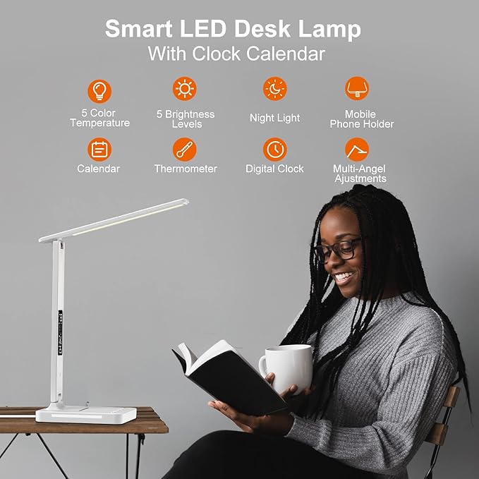 poukaran Desk Lamp, LED Desk Lamp with Wireless Charger, USB Charging Port, Table Lamp with Night Light, Desk Lights with Clock, Alarm, Date and Temperature, White - LeafyLoom