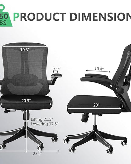 Office Chair with 350LBS Capacity, Ergonomic Comfort Home Desk Chair, Mid Back Gaming Chair with Wheels, Adjustable Height, Lumbar Support, Flip-up Armrest - LeafyLoom