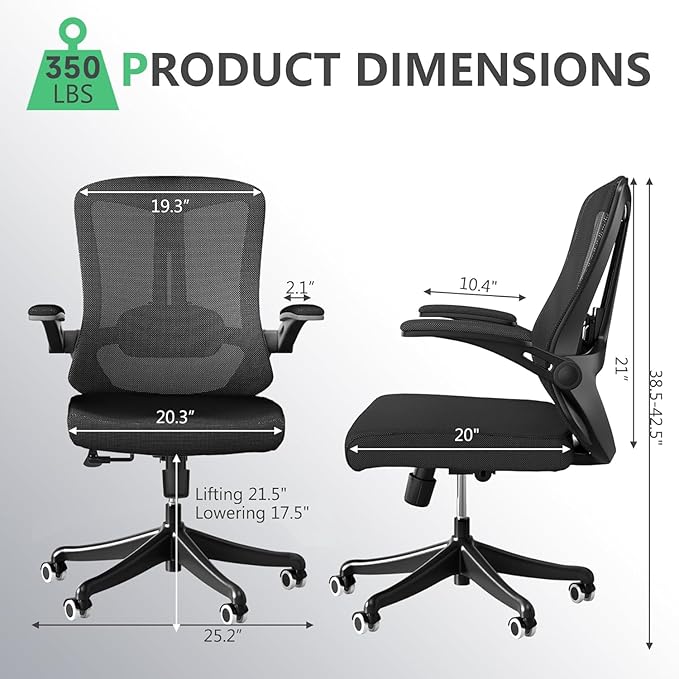 Office Chair with 350LBS Capacity, Ergonomic Comfort Home Desk Chair, Mid Back Gaming Chair with Wheels, Adjustable Height, Lumbar Support, Flip-up Armrest - LeafyLoom