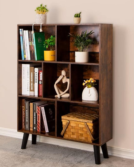 LEYAOYAO Cube Bookshelf 3 Tier Mid-Century Rustic Brown Modern Bookcase with Legs,Retro Wood Bookshelves Storage Organizer Shelf,Freestanding Open Book Shelves for Bedroom,Living Room,Office - LeafyLoom