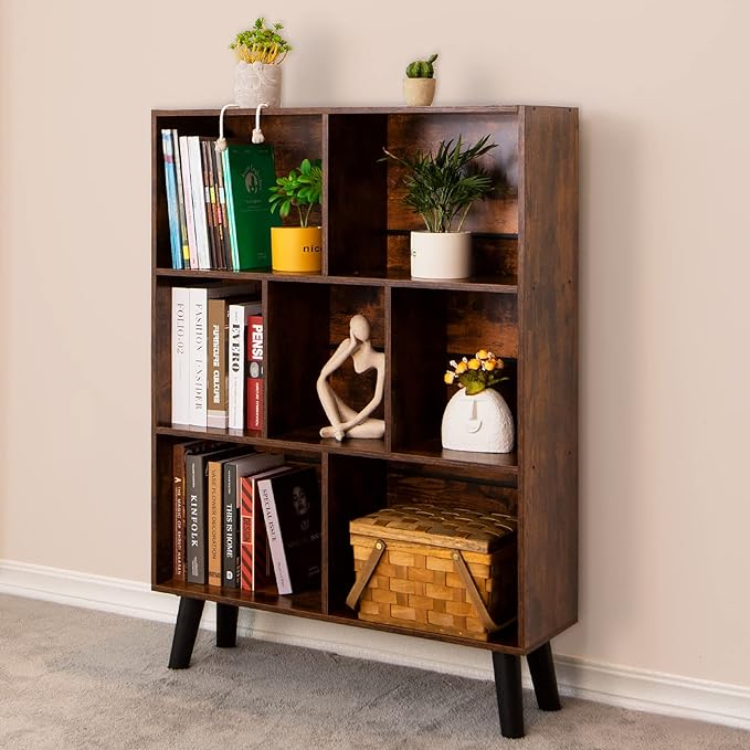 LEYAOYAO Cube Bookshelf 3 Tier Mid-Century Rustic Brown Modern Bookcase with Legs,Retro Wood Bookshelves Storage Organizer Shelf,Freestanding Open Book Shelves for Bedroom,Living Room,Office - LeafyLoom