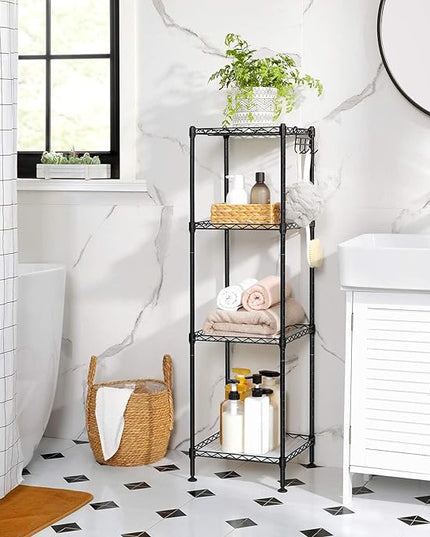 SONGMICS 4-Tier Bathroom Shelf, Storage Rack for Small Space, with 4 PP Shelf Liners, Removable Hook, Extendable Design, Ink Black and Translucent ULGR104B01 - LeafyLoom