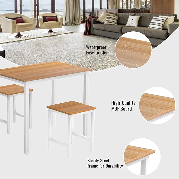DKLGG 3 Pieces Dining Table Set, Space Saving Kitchen Table Set for 2, Small Dining Table and Chairs for 2, Compact Table w/ 2 Stools Perfect for Breakfast Nook, Living Room, Apartment - LeafyLoom