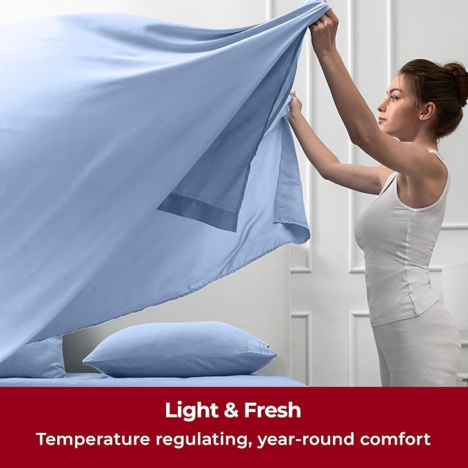 Mellanni Queen Sheets Set - 4 PC Iconic Collection Bedding Sheets & Pillowcases - Hotel Luxury, Extra Soft, Cooling Bed Sheets - Deep Pocket up to 16 inch (Queen, Sky Blue) - LeafyLoom