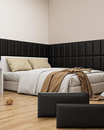 Peel and Stick Headboard Black Upholstered Wall Panels, 6 Panels Sized 7.8" x 15.7", 3D Anti-Collision Soundproof Self-Adhesive Wall Panel for Bedroom，Living Room - LeafyLoom