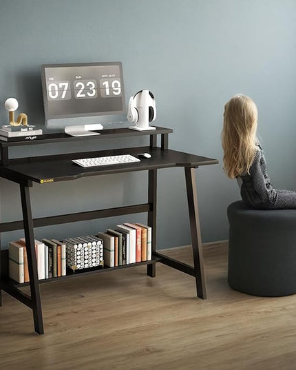 Small Computer Desk for Small Spaces - 33.5" Inch Modern Writing Table with Monitor Storage Shelf for Home Office and Study, Compact Laptop Desk in Simple and Sleek Style - LeafyLoom