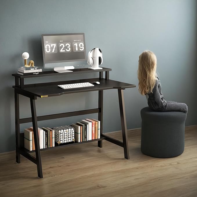 Small Computer Desk for Small Spaces - 33.5" Inch Modern Writing Table with Monitor Storage Shelf for Home Office and Study, Compact Laptop Desk in Simple and Sleek Style - LeafyLoom