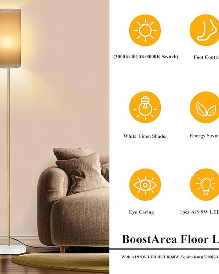 BoostArea Floor Lamp for Living Room with 3 Color Temperatures Bulb, Modern Floor Lamps, Classic Tall Lamp for Office, Standing Lamps for Bedroom, Kids Room, Study(9W LED Bulb, White Linen Shade) - LeafyLoom