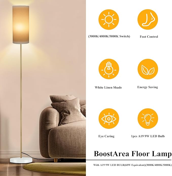 BoostArea Floor Lamp for Living Room with 3 Color Temperatures Bulb, Modern Floor Lamps, Classic Tall Lamp for Office, Standing Lamps for Bedroom, Kids Room, Study(9W LED Bulb, White Linen Shade) - LeafyLoom