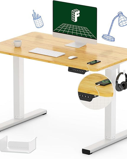 FLEXISPOT Standing Desk Quick Assembly Electric Sit Stand Desk Whole-Piece Desktop Ergonomic Memory Controller Adjustable Height Desk(White Frame + 40" Bamboo Texture Desktop) - LeafyLoom