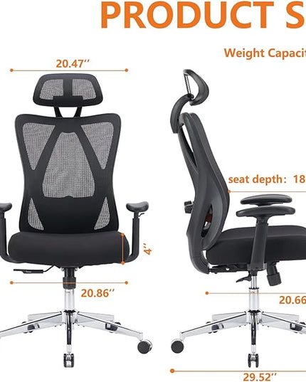 Sweetcrispy Ergonomic Office Desk Computer Chair, High Back Comfy Swivel Home Gaming Mesh Chairs with Wheels, Adjustable Lumbar Support, Headrest, Liftable 2D Arms,135° Tilt for Bedroom, Study, Black - LeafyLoom