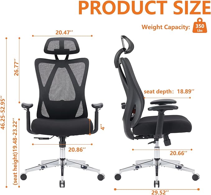 Sweetcrispy Ergonomic Office Desk Computer Chair, High Back Comfy Swivel Home Gaming Mesh Chairs with Wheels, Adjustable Lumbar Support, Headrest, Liftable 2D Arms,135° Tilt for Bedroom, Study, Black - LeafyLoom