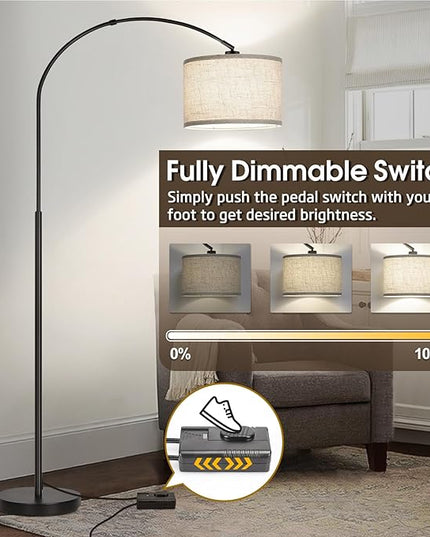 Dimmable Floor Lamp, Arc Floor Lamp with Dimmer, Black Standing Lamp with Adjustable Hanging Shade, Over Couch Tall Reading Light, Modern Pole Lamp for Living Room Bedroom, 9W LED Bulb Included - LeafyLoom